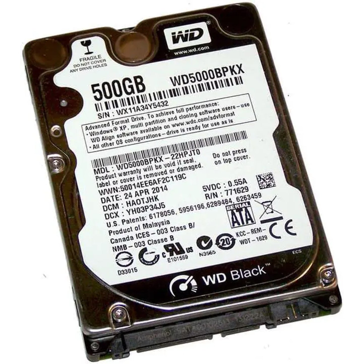 Western Digital Black WD5000BPKX 500GB 7200RPM SATA 6Gb/s 16MB Cache 9.5mm Internal Hard Drive (Used)
