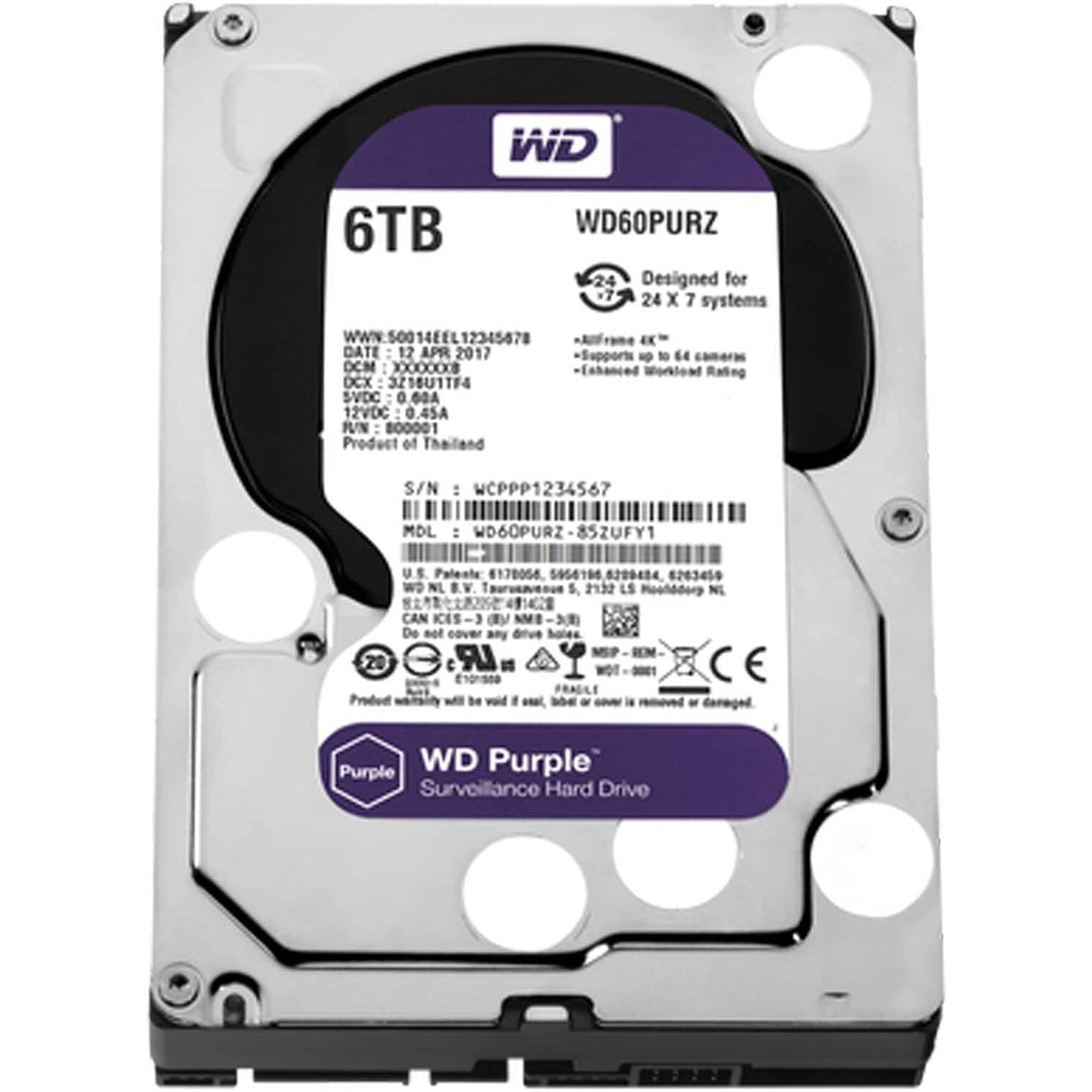 Western Digital Purple WD62PURZ 6TB 5640 RPM 128MB Cache SATA 6.0Gb/s 3.5" Surveillance Internal Hard Drive (Used)