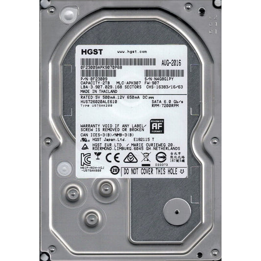 HGST Ultrastar 7K6000 HUS726020ALE610 2TB 7200 RPM 128MB Cache SATA 6.0Gb/s 3.5" Enterprise Internal Hard Drive (Used)