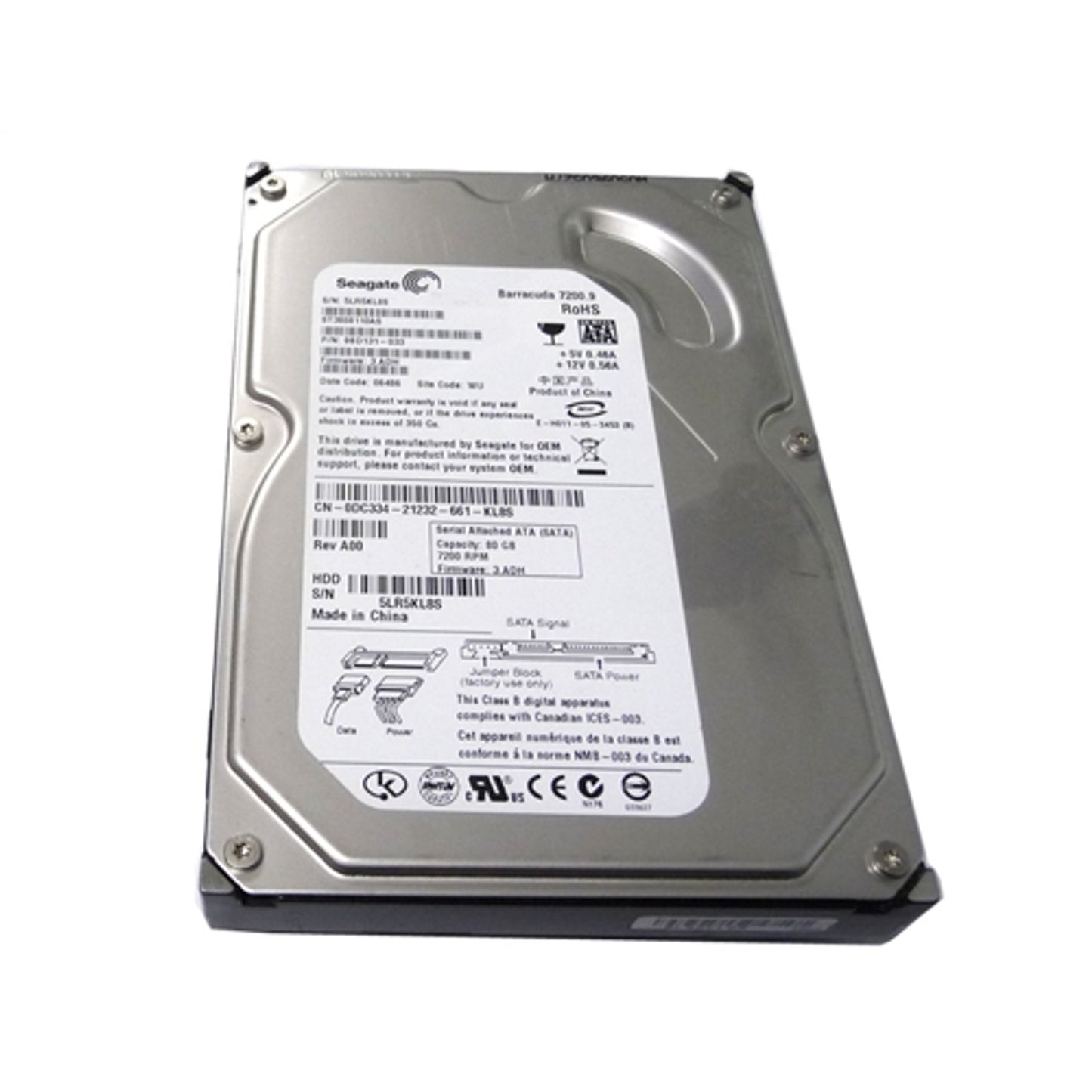 Seagate Barracuda 7200.9 ST3808110AS 80GB 7200RPM 8MB Cache SATA 3.0GB/s 3.5" Hard Drive (Used)