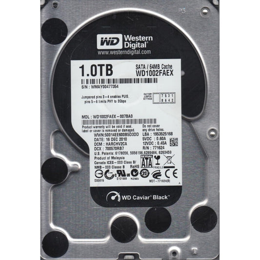 Western Digital Black WD1002FAEX 1TB 7200 RPM 64MB Cache SATA 6.0Gb/s 3.5" Desktop Internal Hard Drive (Used)
