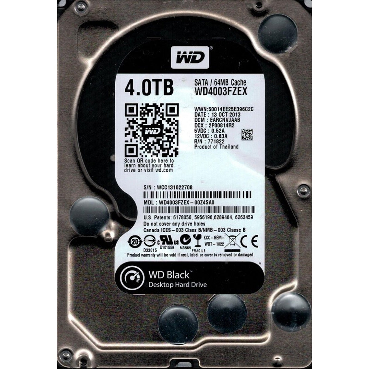 WD Black WD4003FZEX 4TB 7200 RPM 64MB Cache SATA 6.0Gb/s 3.5" Desktop Internal Hard Drive (Used)