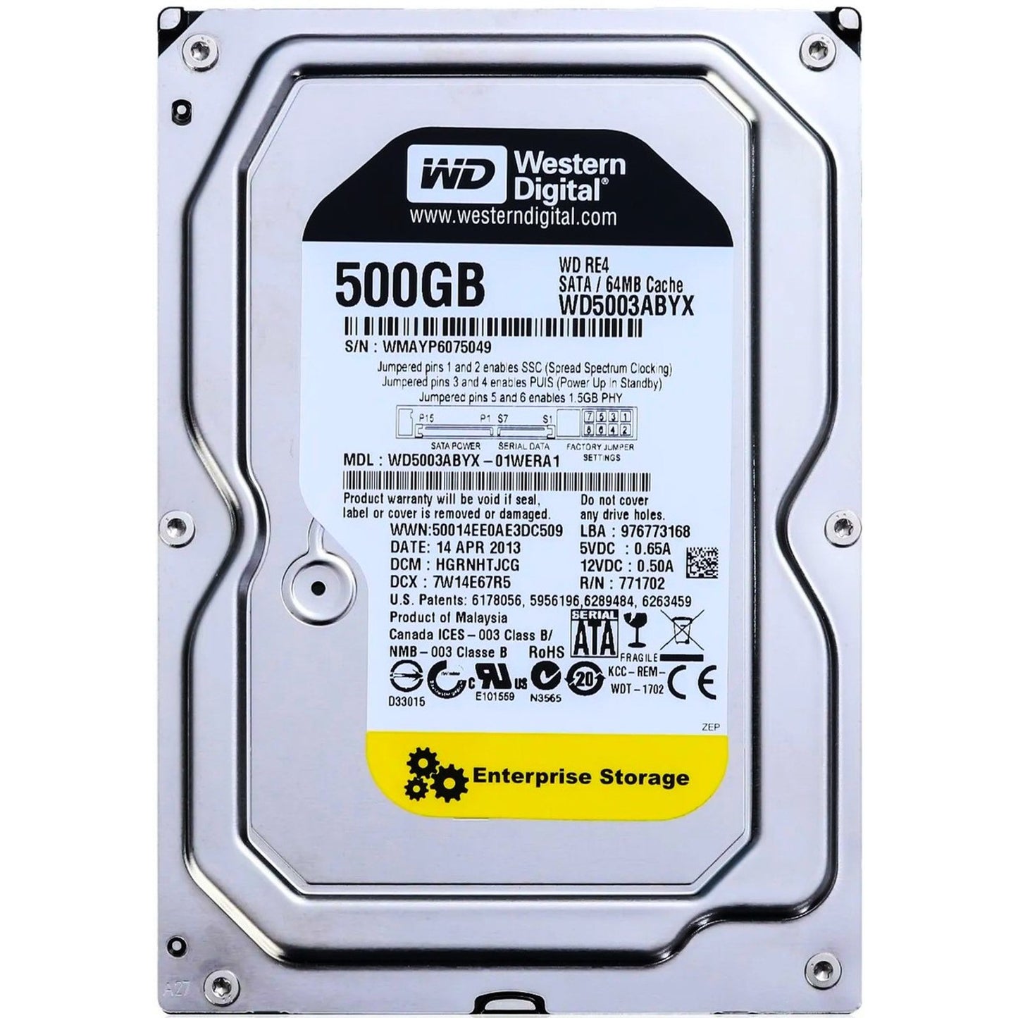 WD RE4 500 GB Enterprise Hard Drive, 3.5 Inch, 7200 RPM, SATA II, 64 MB Cache (WD5003ABYX) (Old Model) (New)