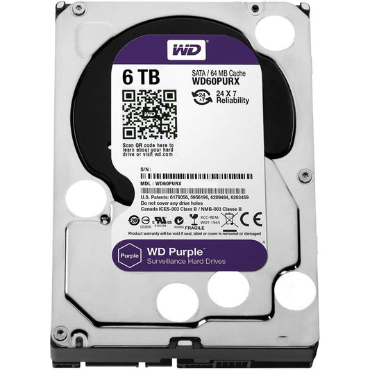 Western Digital Purple WD60PURX 6TB 5400 RPM 64MB Cache SATA 6.0Gb/s 3.5" Surveillance Internal Hard Drive (Used)