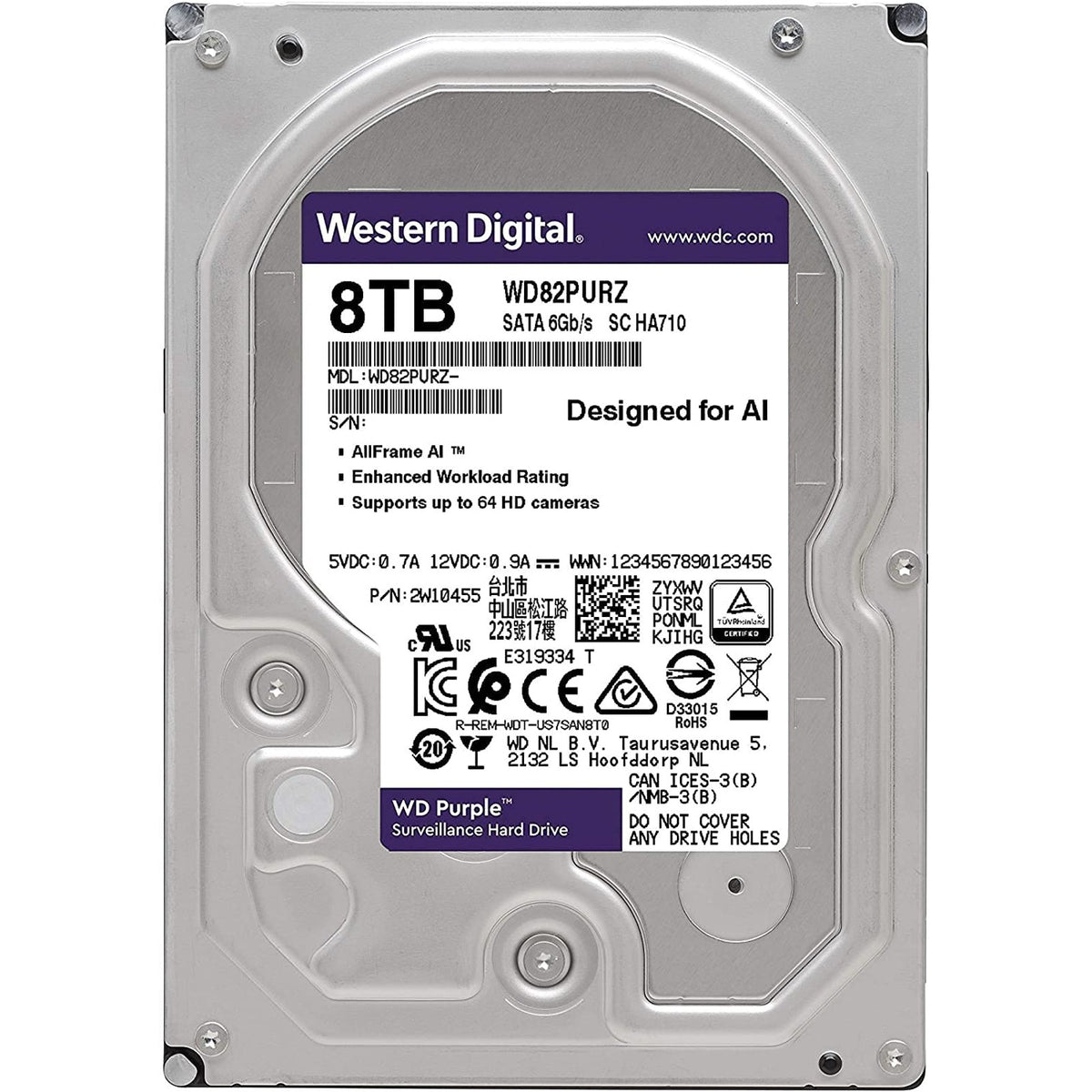 Western Digital Purple WD82PURZ 8TB 5400 RPM 64MB Cache SATA 6.0Gb/s 3.5" Surveillance Internal Hard Drive (Used)